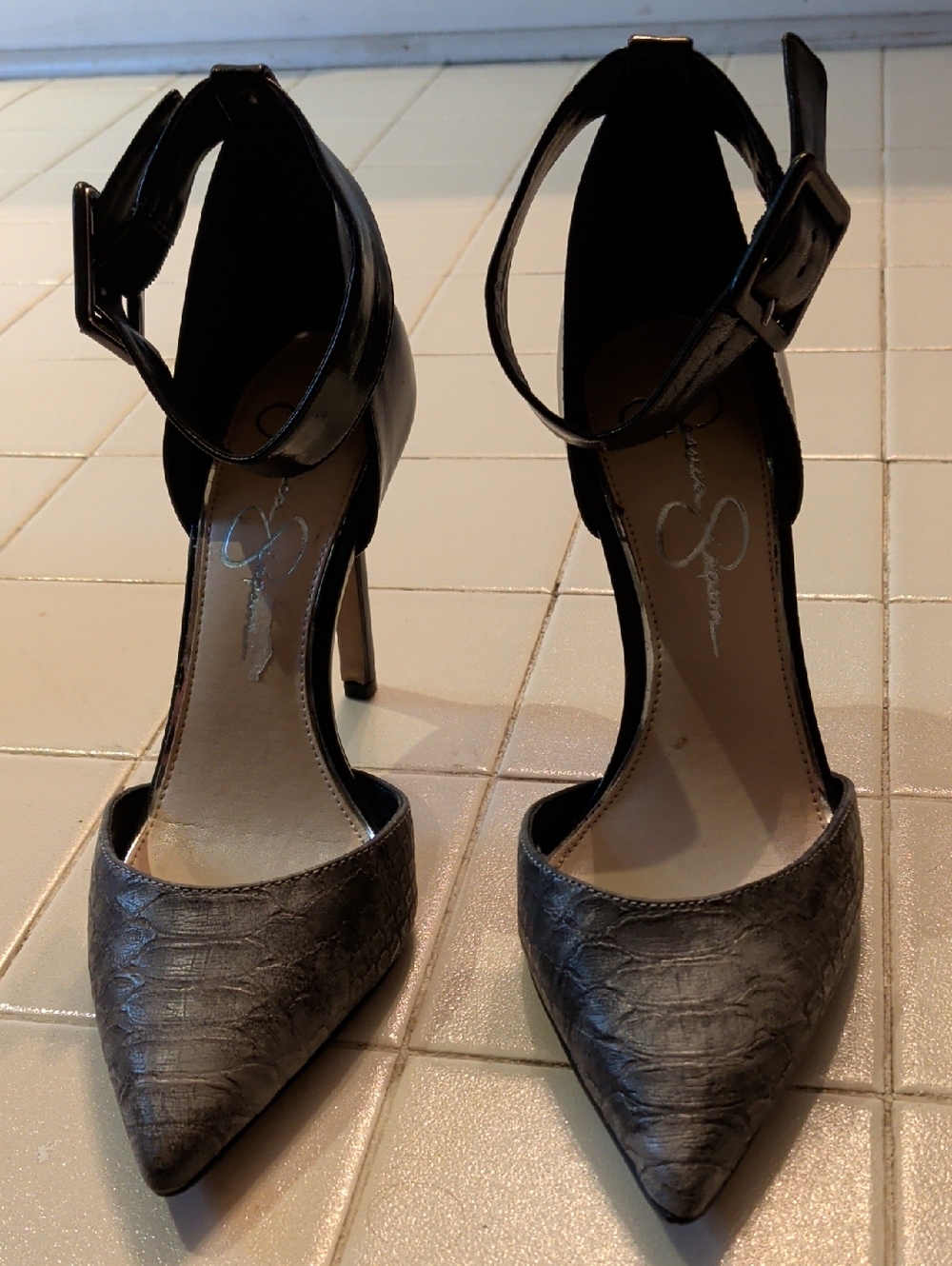 Jessica Simpson Black Textured Gray Pointed Toe Ankle Strap Heels